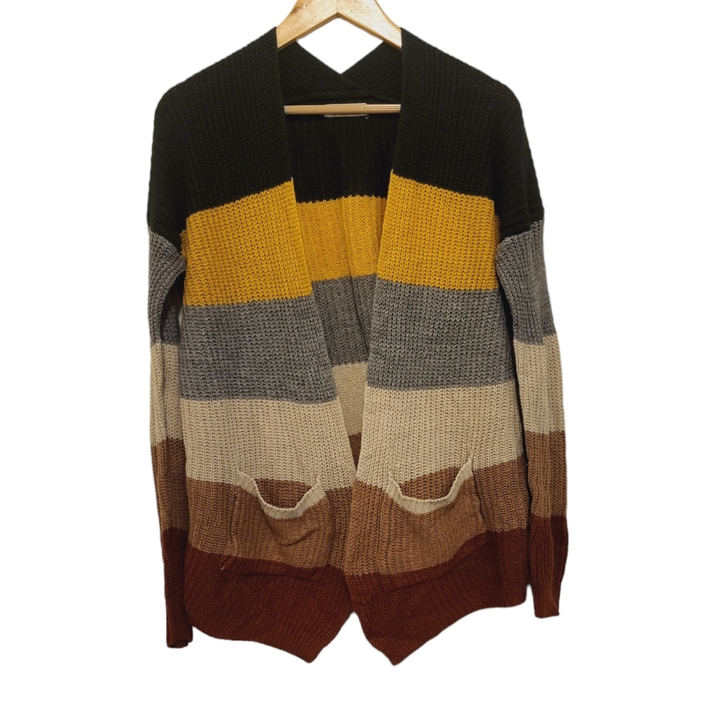 Open color block knit sweater w/ pockets